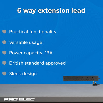 PRO ELEC pl11242 13 A 1 m 6 Way Gang Power Mains Extension Lead Cable - Black