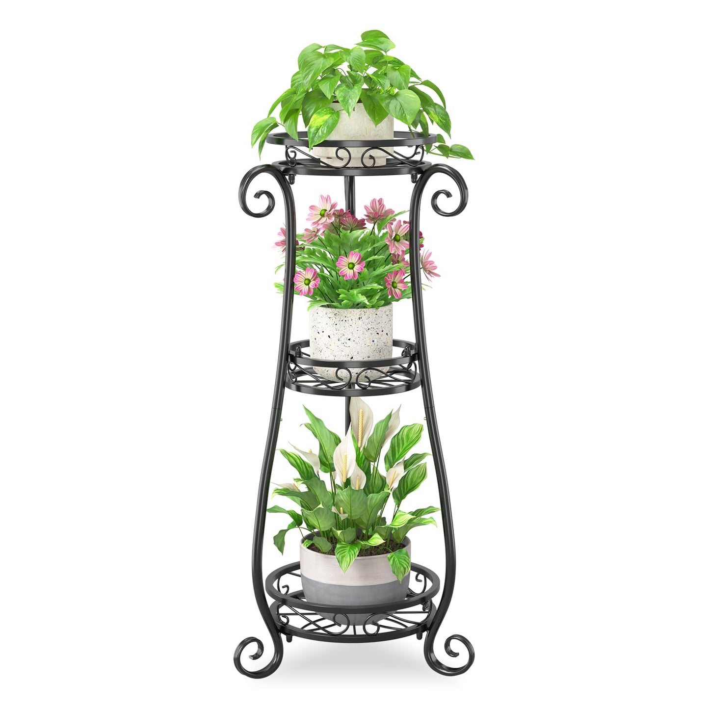 iDavosic.ly 3 Tier Metal Plant Stand Indoor Outdoor, Wrought Iron Corner Tall Flower Pot Holder Shelf, 34 Inch Vertical Heavy Duty Display Rack for Patio Porch Living Room Garden, Black