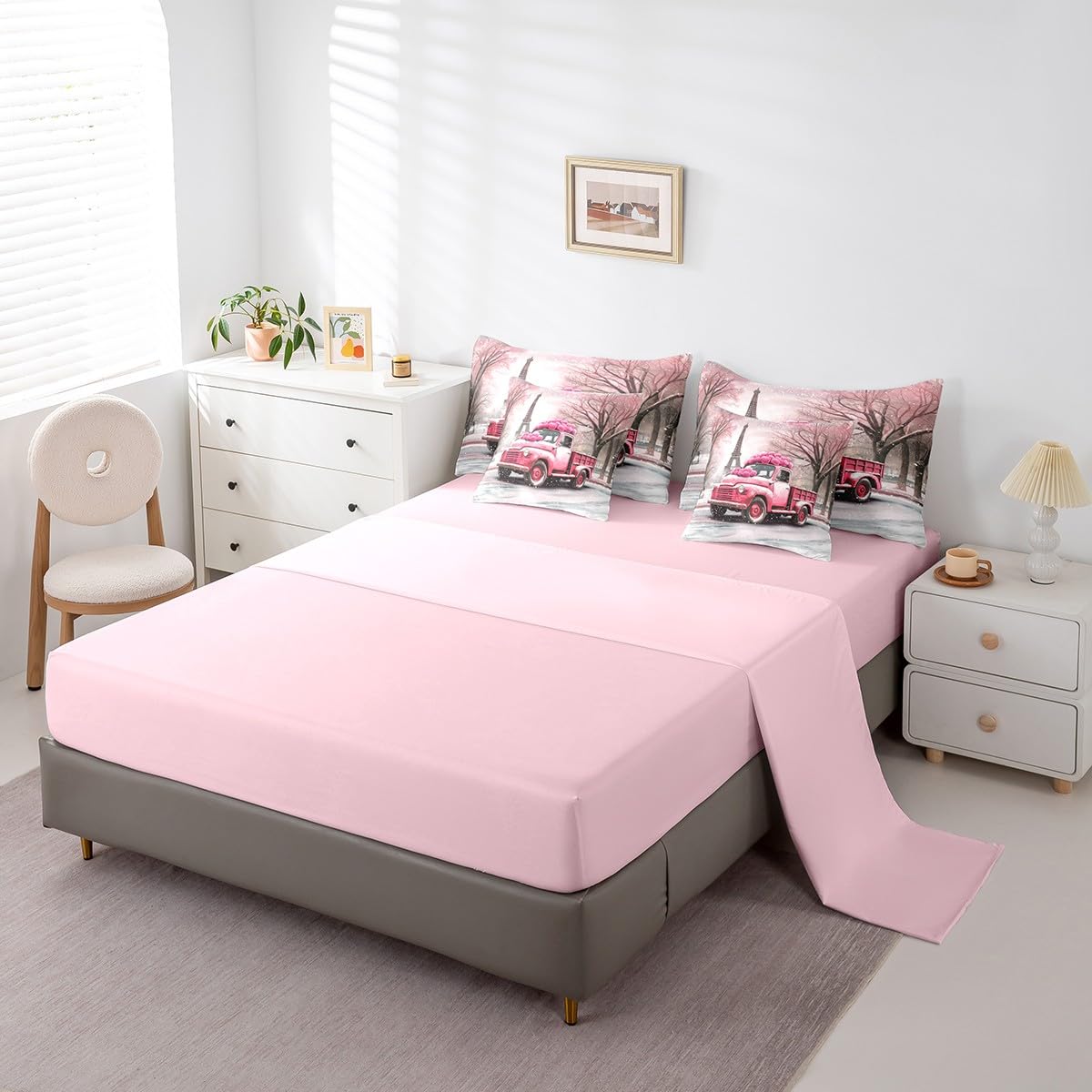Erosebridal Valentine's Day 7 Piece Bedding Set Pink Roses Truck Car Comforter Set Full Size,Eiffel Towel Bed in A Bag for Kids Boys Girls Teen,Winter Snowflakes Trees Sheet Set with Comforter