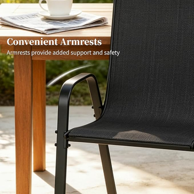 MAMIZO Patio Dining Chairs, Stackable All Weather Teslin Chair, Heavy Duty Outdoor Breathable Chairs Set, w/Armrests, Upgraded Chair FeetW/Strenthened Iron Spacers, 330 LBS (4, Black)