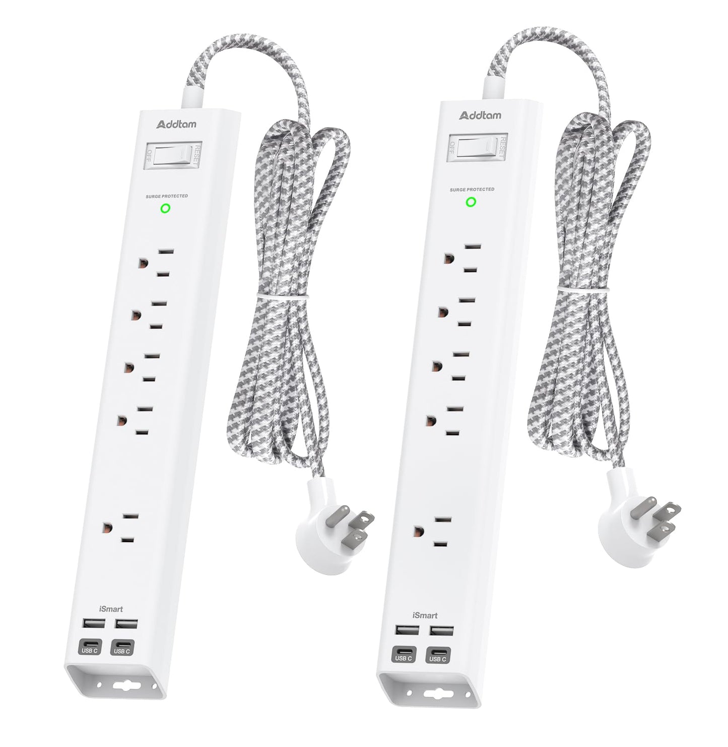 2 Pack Power Strip Surge Protector - 5 Widely Spaced Outlets 3 USB Charging Ports, 1875W/15A with 5Ft Braided Extension Cord, Flat Plug, Overload Surge Protection, Wall Mount for Home Office,White