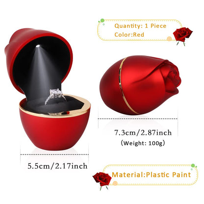 Rolin Roly Red Ring Box with LED Light Rose Jewelry Ring Case Jewellry Display Gift Boxes for Mother's Day Wedding Ring Box Ceremony Engagement Proposal Anniversary