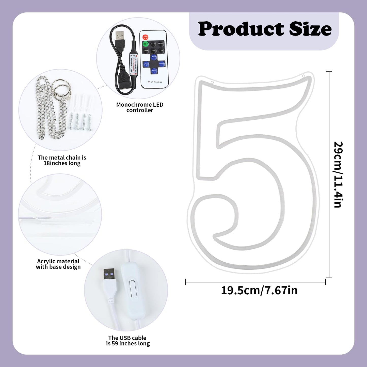 RUMONZS LED Acrylic Light up Number, Decorative Transparent Light up Letters USB Powered Big Number Sign Light for Birthday, Night Light, Party, Anniversary, Christmas, Home Decor, Wedding 11.4'' (number5)