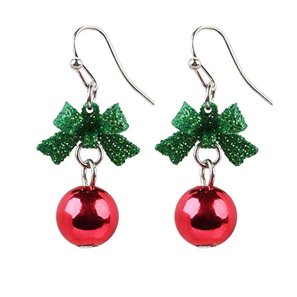 Ribbon Bow Festive Red Green Ball Ornament Dangle Drop Earrings for Women Cute Bowknot Fish Hook Dangling Hypoallergenic Christmas Festival Jewelry Gifts for Bff Daughter Thanksgiving