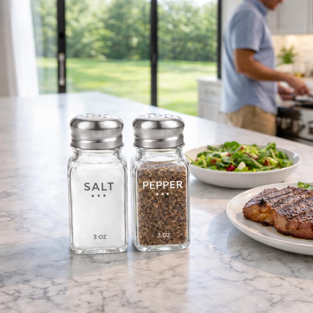 HESSION Salt Shaker and Pepper Shaker Set of 4, Refillable Glass Spice Shakers with Holes and Lids, Stainless Steel Spice Dispenser, Modern Kitchen Decor Seasoning Containers for Dining Table (3oz)