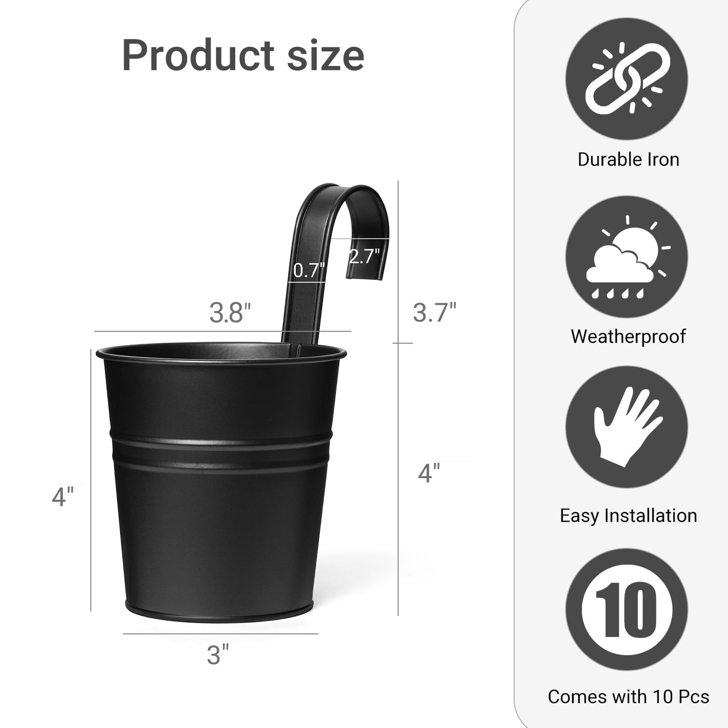 Dahey 10 Pcs 3.8 Inches Small Hanging Flower Pots Metal Iron Bucket Planter for Railing Fence Balcony Garden Home Decoration Flower Holders with Detachable Hooks, Black
