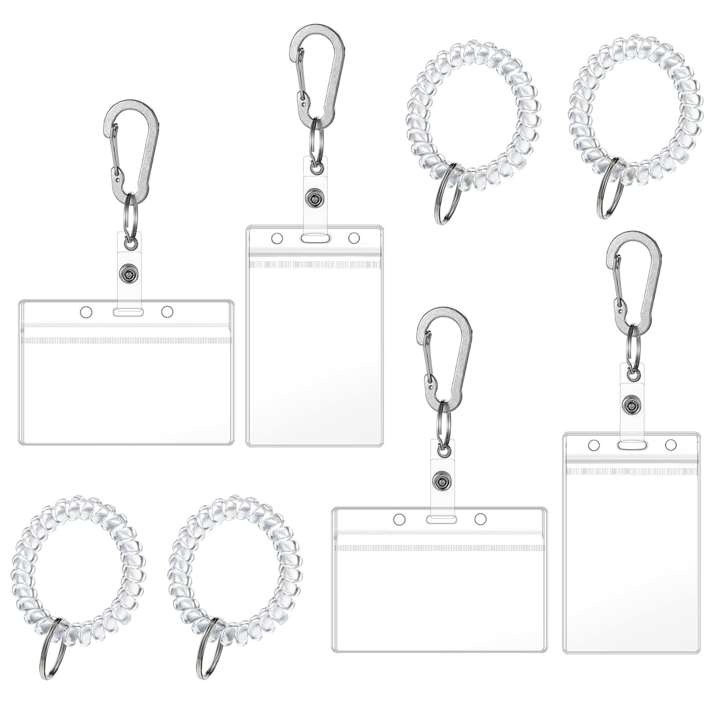 4PCS ID Holder Keychain with Stretchable Spiral Wristband and Carabiner Clip, Transparent Card Holder Keychain, Retractable Wrist Coil ID Badge Holders for Gym Sports Camping Women Men