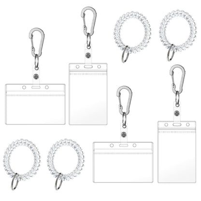 4PCS ID Holder Keychain with Stretchable Spiral Wristband and Carabiner Clip, Transparent Card Holder Keychain, Retractable Wrist Coil ID Badge Holders for Gym Sports Camping Women Men