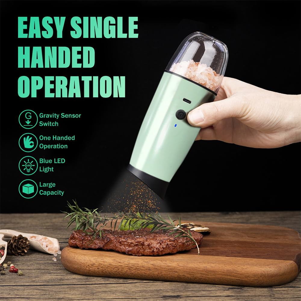 2 PCS Rechargeable Gravity Electric Salt and Pepper Grinder Set Shakers Automatic Grinders Adjustable Coarseness Mill Grinder Set with 3.5oz 90ml Capability size 2.4x7 inches Charging By USB