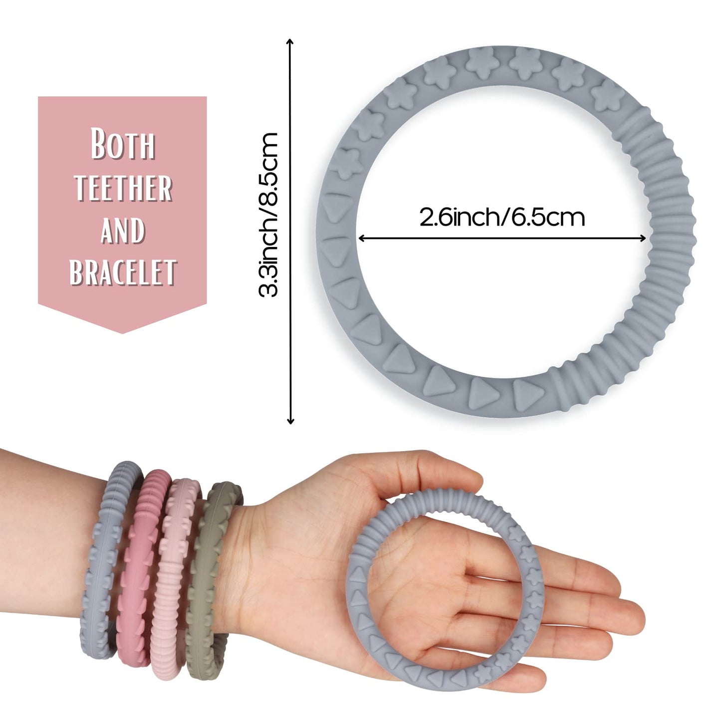 Silicone Teether Bracelet, Soft Silicone Teether Rings with Organic Featuring Multiple Raised Textures to Soothe Gums, Food Grade Silicone, BPA & Phthalate