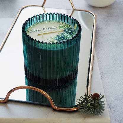 Roland Pine Two-Wick Forest Green Ribbed Glass Candle