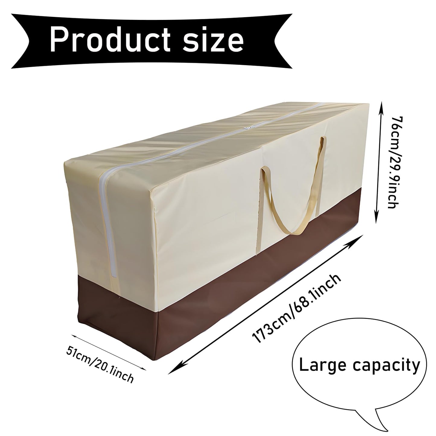 68" Extra Large Waterproof Outdoor Cushion Storage Bag – Heavy Duty Patio Furniture Cover with Zipper,Handles for Pool Decor,Christmas Tree Storage & Moving (173x76x51cm) (Beige And Brown)
