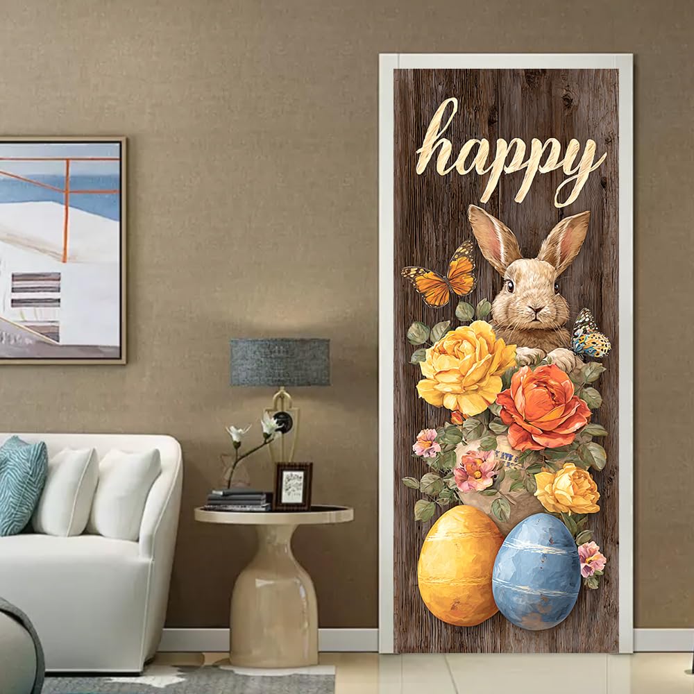 WDESYADMS PVC Self Adhesive Door Sticker 30.3x78.7 Inch Easter Bunny with Flowers and Eggs Design Peel and Stick Decorative Door Decal for Bedroom Living Room Entryway Spring Home Decor
