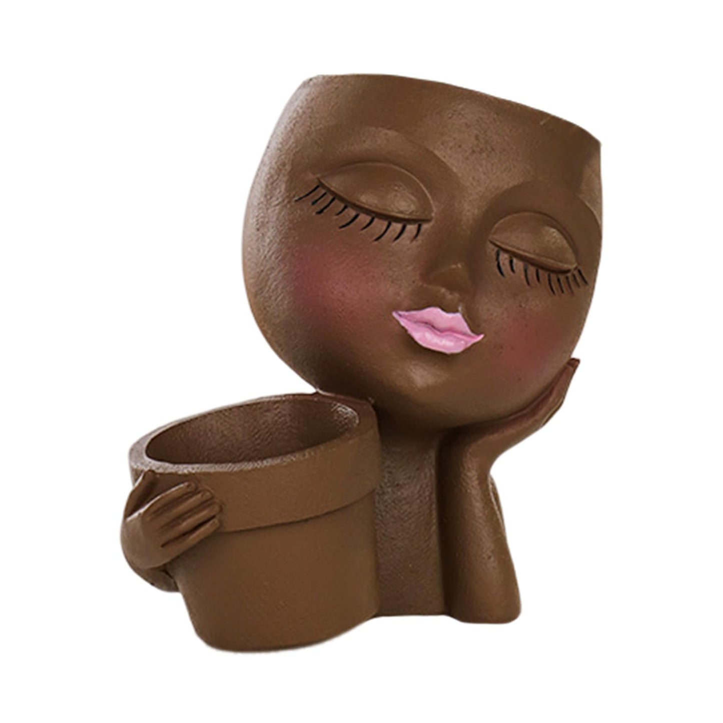 Rivonthex Lady Face Planter Pot with Dual Compartments, Resin, Indoor/Outdoor Succulent Planter, 6.3" x 4.3" x 6.7", with Drainage Holes (Brown, Small)