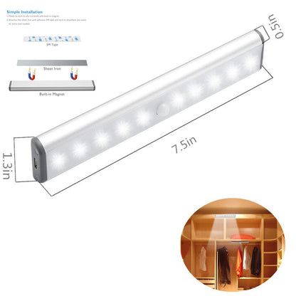 Stick-on Anywhere Portable Little Light Wireless LED Under Cabinet Lights 10-LED Motion Sensor Activated Night Light Build In Rechargeable Battery Magnetic Tape Lights for Closet,Cupboard (Silver1)