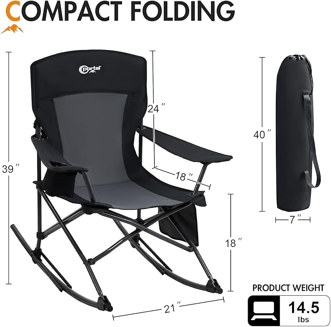 Portal Outdoor Rocking Chair Camping Folding Portable Rocker with Cup Holder Side Pocket Carry Bag, Support 350LBS (Black)