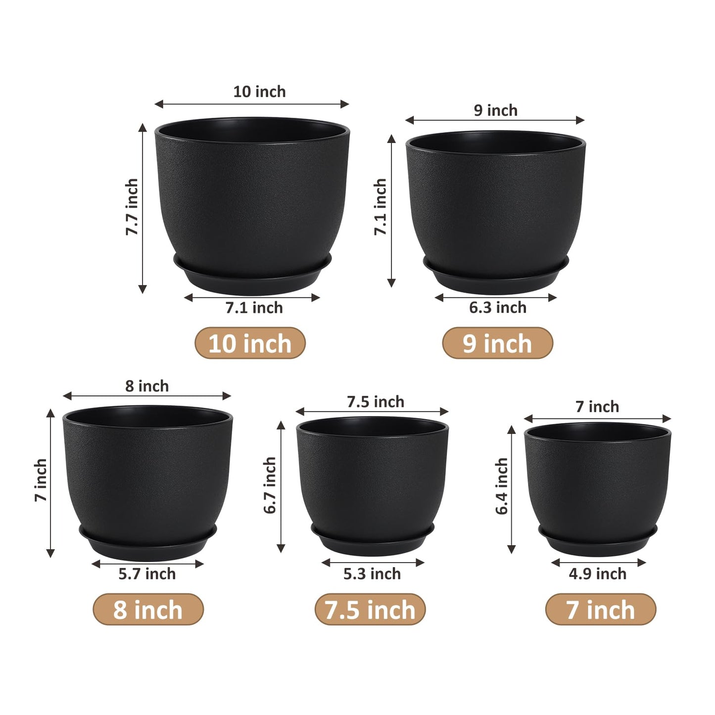 YNNICO Plant Pots 10/9/8/7.5/7 inch Set of 5,Flower Pots with Multi Mesh Drainage Holes, Large Planters for Indoor Outdoor Garden Plants and Flowers. (Black)