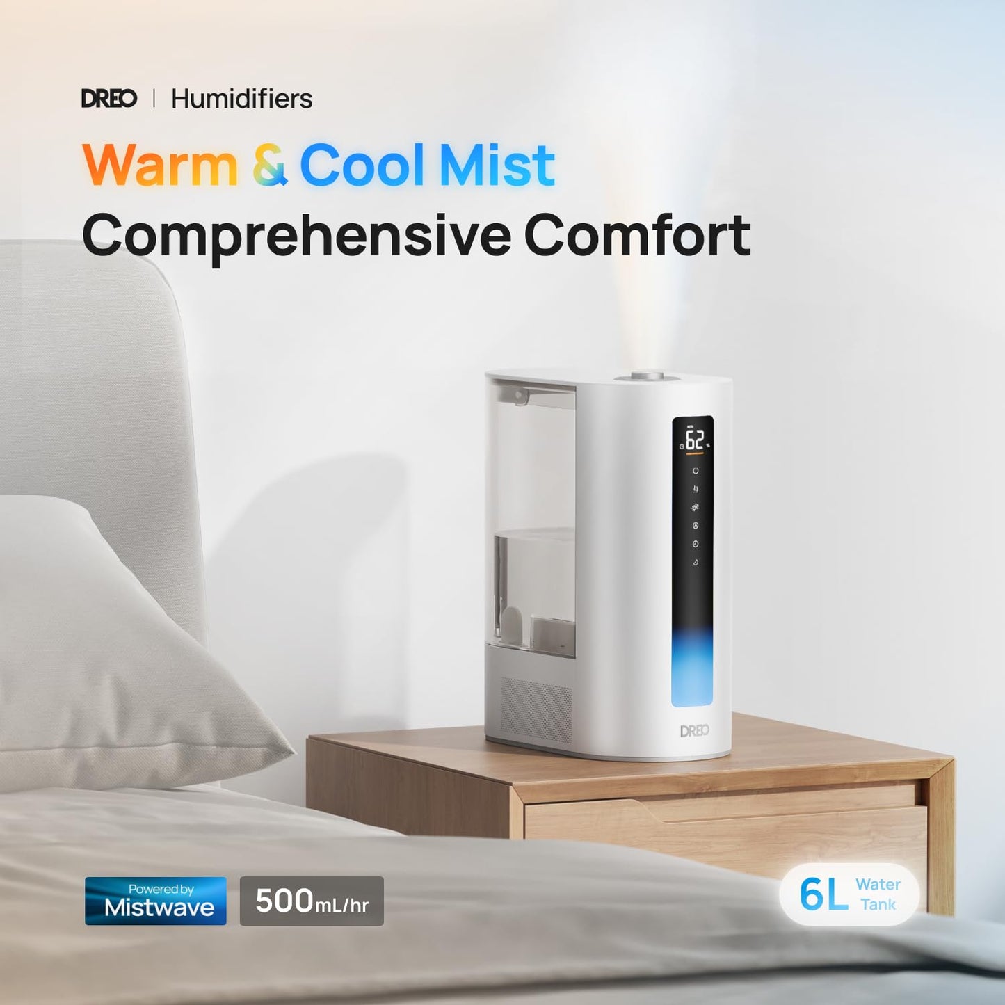 Dreo 6L Humidifiers for Bedroom, Smart Warm & Cool Mist for Large Room, 60Hr Quiet Runtime for Baby, Plant, Humidity Sensor, Indicator Light, 12H Timer, Google/Alexa, HM713S