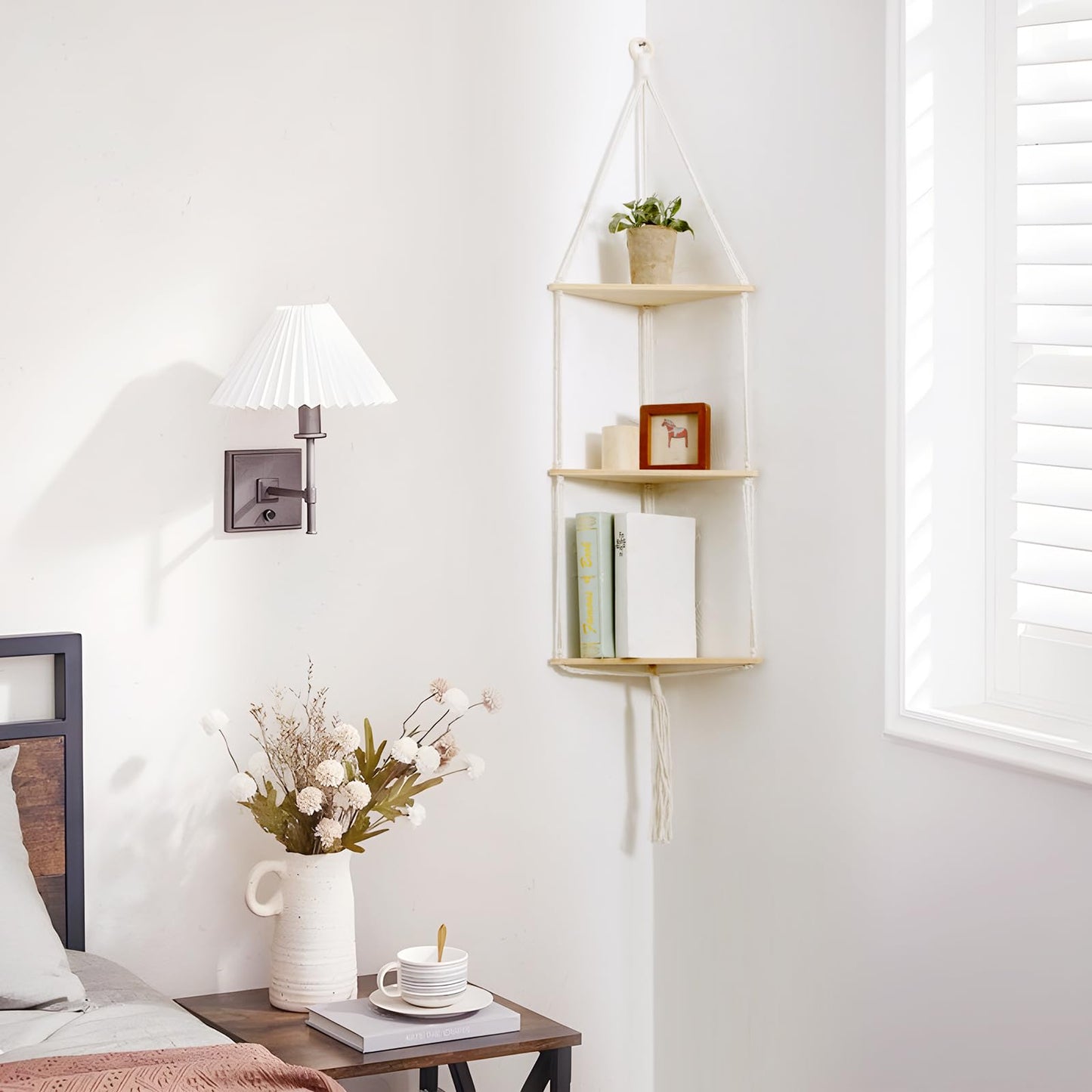 Artilady White Corner Floating Shelves Wall Hanging- Macrame 3 Tier Corner Shelf Plant Wall Decor Boho Rustic Wooden Storage Orgnizer for Bedroom Living Room Pots Photos