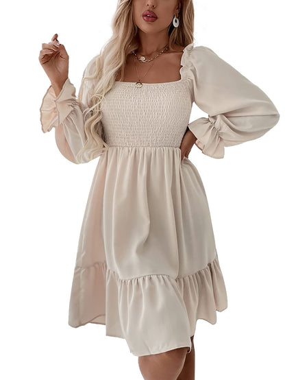 LYANER Women's Square Neck Lantern Long Sleeve Ruffle Shirred Flowy Party Mini Dress Solid Beige Small