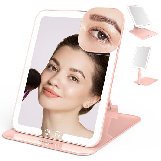 Mocado Travel Makeup Mirror with Light, Tripple Folding Vanity Mirror with Lights, 3 Colors Lighted Makeup Mirror, 1500mAh Rechargeable, Memory Function, Freely Adjust Height and Angle(Rose Gold)
