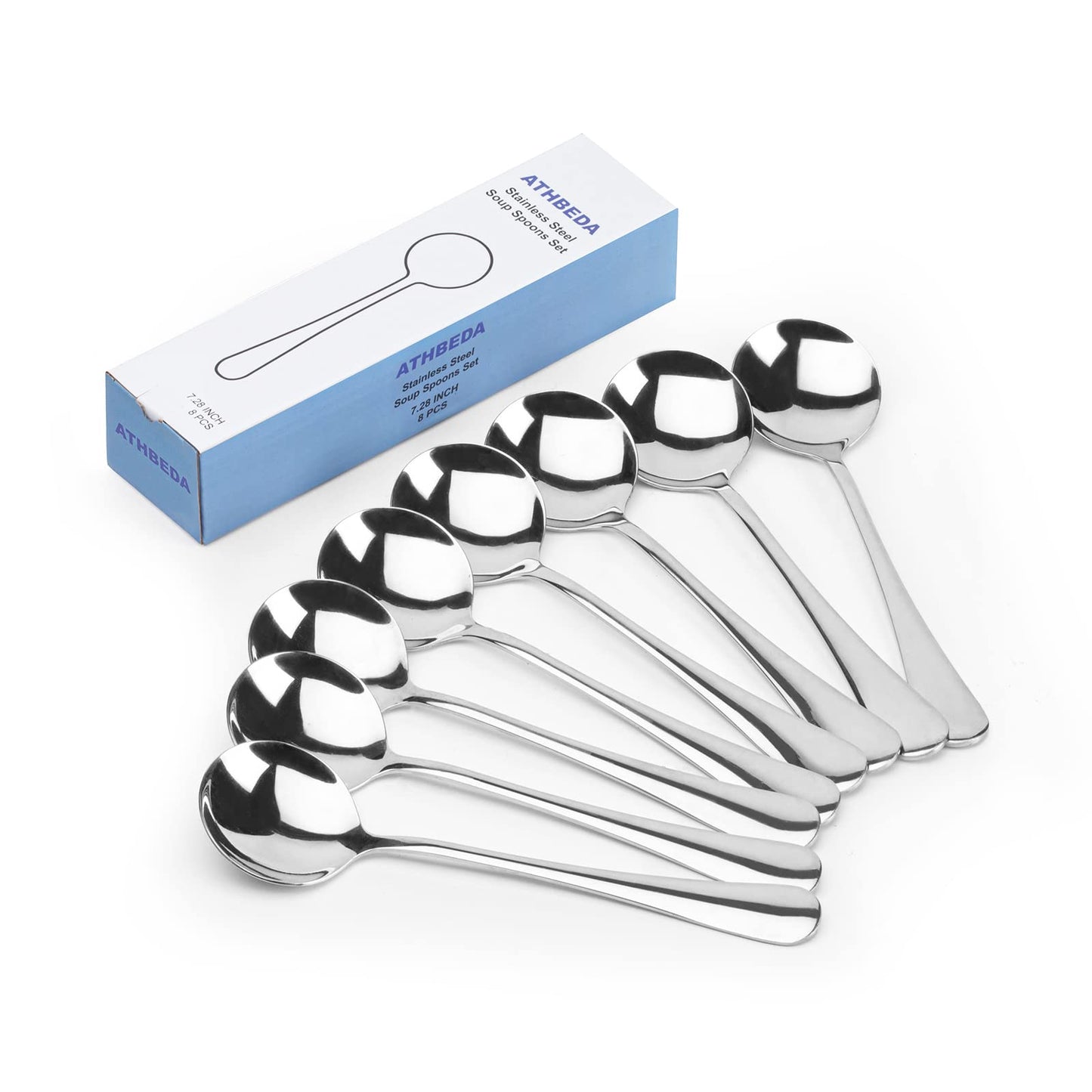 ATHBEDA Premium 7.28" Soup Spoons Stainless Steel Round Spoons Set, 18/8 stainless steel (SUS304), Perfect for Soup, Ice Cream, Cereal, Gumbo, Chowder, Set of 8, Dishwasher Safe