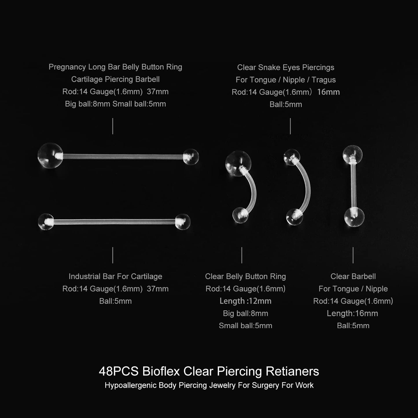 MixPiercing 48Pcs Clear Piercing Retainers Jewellery Plastic Nose Tongue Nipple Belly Bars Eyebrow Lip Labret Stud Septum Hoops Cartilage Industrial Tragus Earring Retainer For Surgery Mri