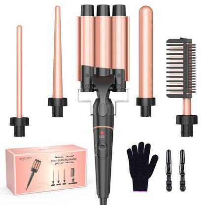 BESTOPE PRO Waver Curling Iron - 3 Barrel Hair Crimper Iron, 5 in 1 Curling Wand Set, Fast Heating Up Hair Wand with 2 Clips, Crimper Wand Curler for All Hair Type, Storage Bag & Heat Protective Glove