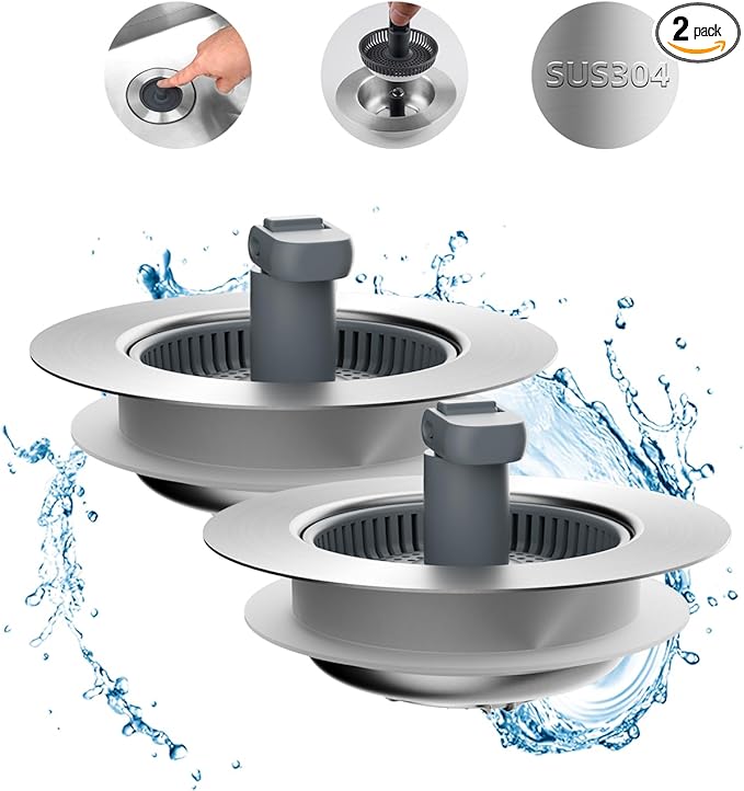 Hibbent Upgraded 2 Pack 3 in 1 Kitchen Sink Drain Strainer and Stopper Combo