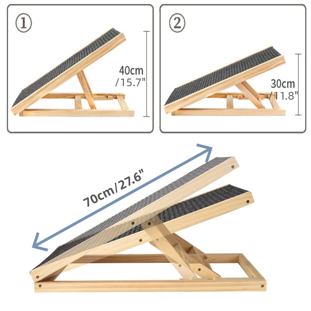 QiMu Solid Wooden Pet Ramp Car Dog Ladder, 2-Height Adjustable w/ Non-slip Carpet Safety Pets, Wooden Dog Ramp Surface Access Stair, Dog Ramp Ladder Cars High Bed, Black, 70x35x30/40cm(LxWxH)