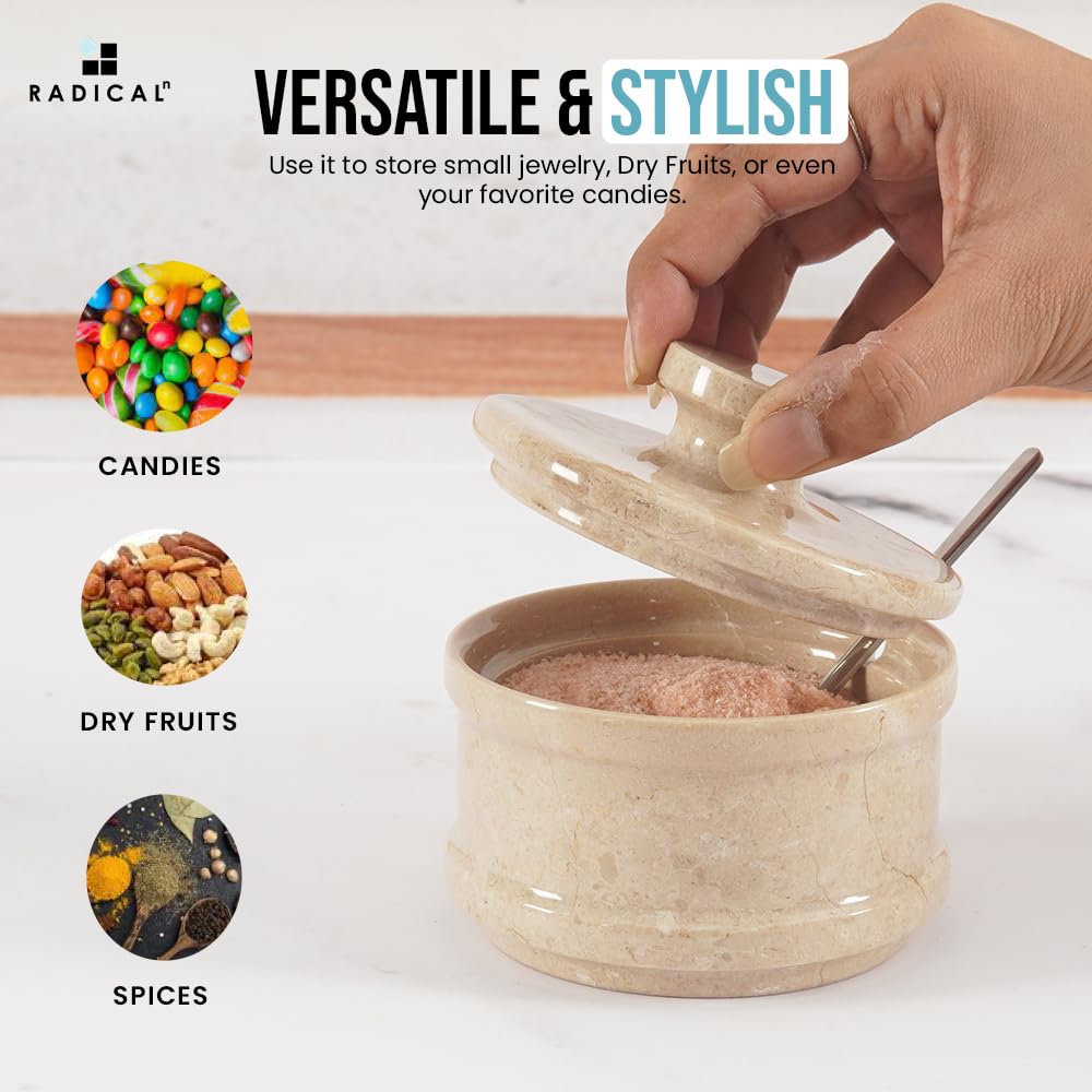 Radicaln Marble Salt Cellar with Lid 4" Inch Verona Handmade Salt Jar & Spice Storage Containers For Kitchen Countertop, Ideal Sugar Bowl & Salt dish For Table