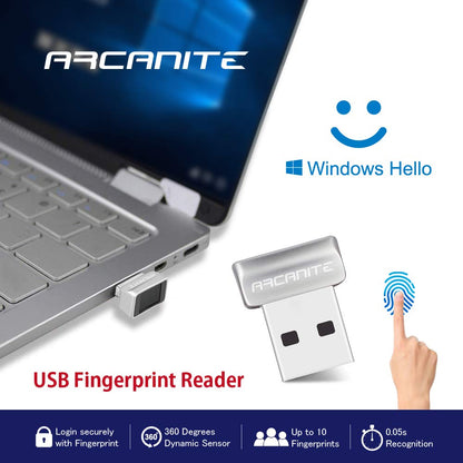 ARCANITE USB Fingerprint Reader for Windows 11/10 Hello, 0.05s 360-Degree Sensor Security Device Login, Security Lock