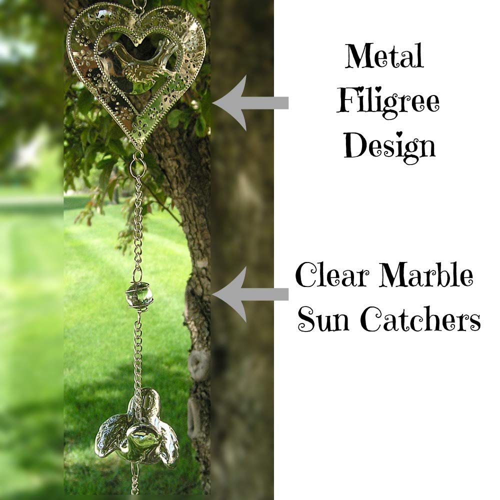 Hanging Garden Decor Hearts and Birds Mobile, Silver Filigree Outdoor Decoration with Glass Marbles and Bell Chime, 38 Inch Metal Wind Chime Mobile for Patio, Porch, Yard, Balcony, Garden Gift
