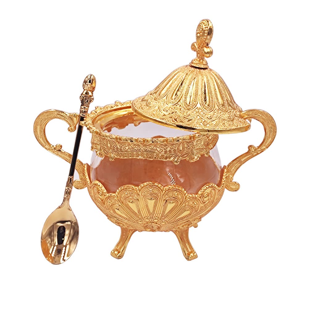 Hourwof Sugar Bowl with Lid and Spoon for Kitchen Coffee Bar and Wedding Party,Metal and Glass Sugar Container for Sugar Cube and Powder Sugar,Spice Condiment Container,Salt Server,Gold