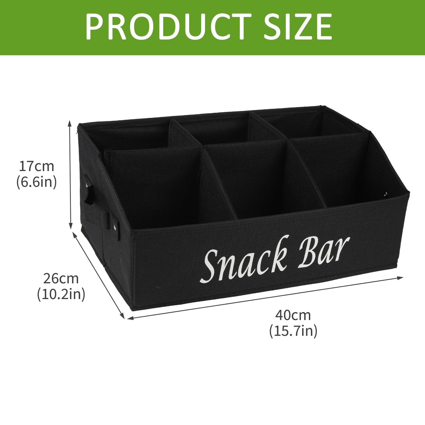 Gdfjiy Snack Organizer for Countertop, Trapezoid Fabric Snack Bin Holder with Side Handles, 6 Compartment Snack Basket Container, Lightweight Snack Bar Station Organizer, Kitchen Pantry Storage-Black