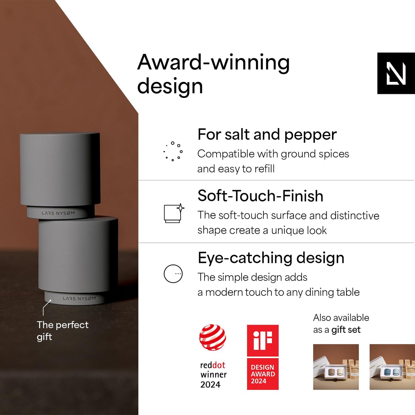 LARS NYSØM Mini Salt and Pepper Shakers Set | Stainless Steel Salt and Pepper Shakers with Modern Minimalist Design, Easy Refill, Small Size (Brown/Beige)