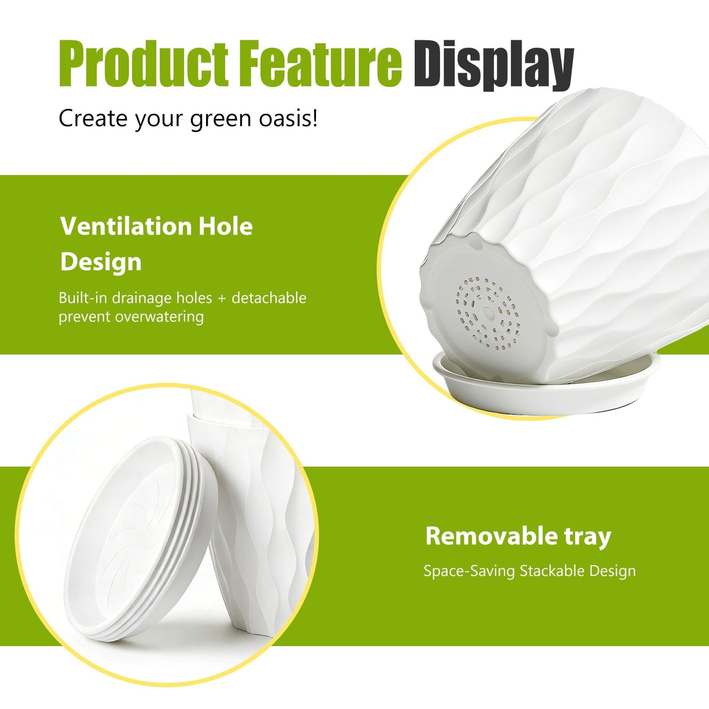 SQKH 8 Inch Plastic Plant Pots,Set of 5 Flower Pots,Planters with Drainage Holes & Saucers, Indoor Outdoor Garden Pots for Home Decor(White)