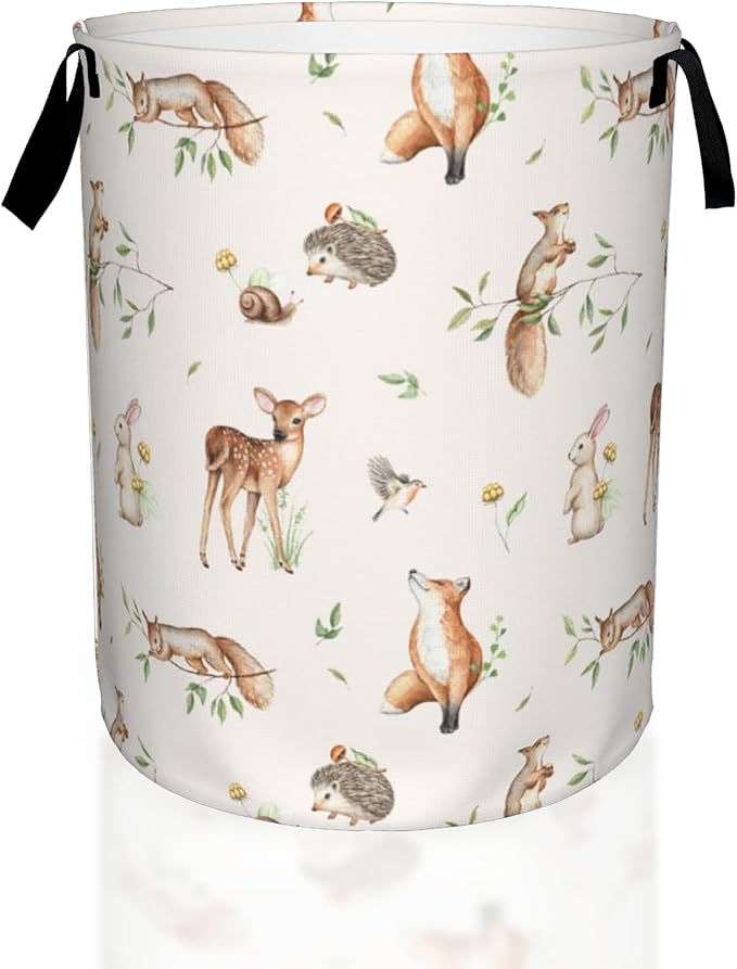 Deer Hedgehog Fox Bunny Squirrel Forest Laundry Basket, Waterproof Foldable