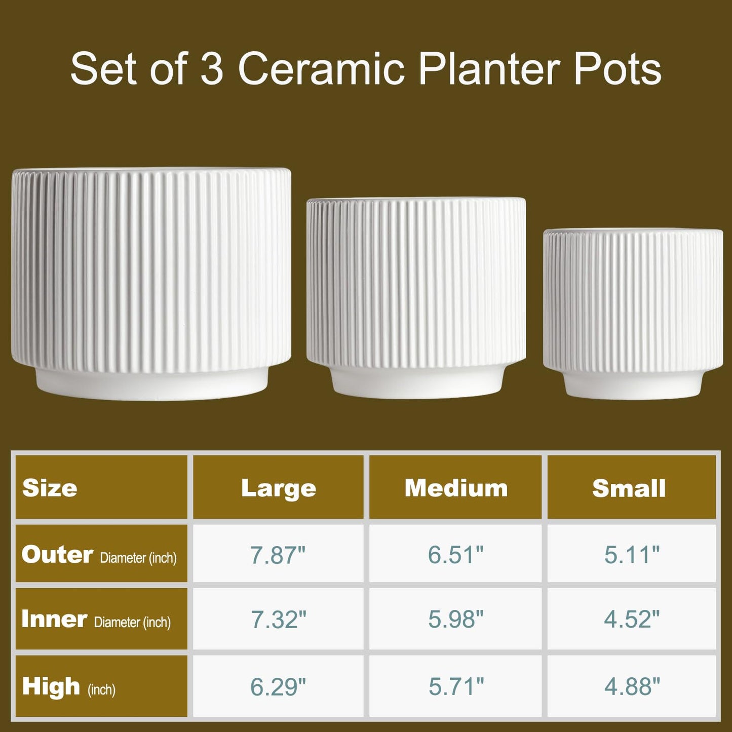 QINLANG White Ceramic Planters for Indoor and Outdoor Plants, White Plant Pot Set of 3 (7.8/6.5/5.1 inch), Ceramic Flower Pots for Plants with Drainage