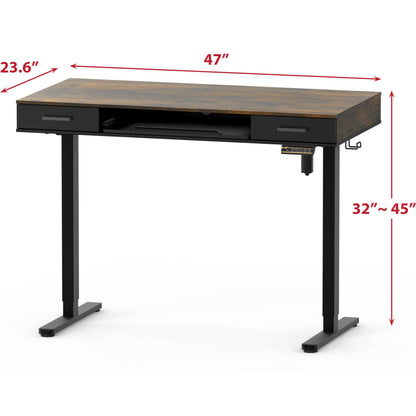 SHW 48-Inch Electric Height Adjustable Desk with Keyboard Tray and 2 Drawers, Rustic Brown