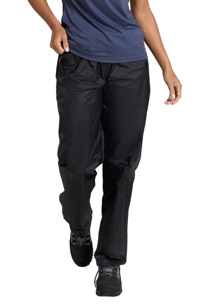 Mountain Warehouse Pakka Womens Waterproof Over Trousers - Packaway Bag, Breathable Rain Pants, Hook & Loop Ankle Opening Ladies Rainwear - for Spring Summer & Outdoors Black Women's Size 12