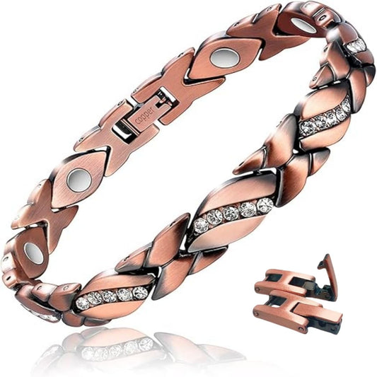 SCVIYRUN Magnetic Copper Bracelets for Women - 99.99% Pure Copper Magnetic Bracelet with 2 Links for Mother (Copper White Crystal-Colored Stone)