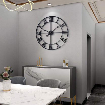 LEIKE Large Wall Clock, 24" Completely Silent, Non Ticking, Battery-Operated,Rustic Round Modern Metal Wall Clock Decor for Living Room, Bedroom and Kitchen, (60cm, Black-Roman Number)