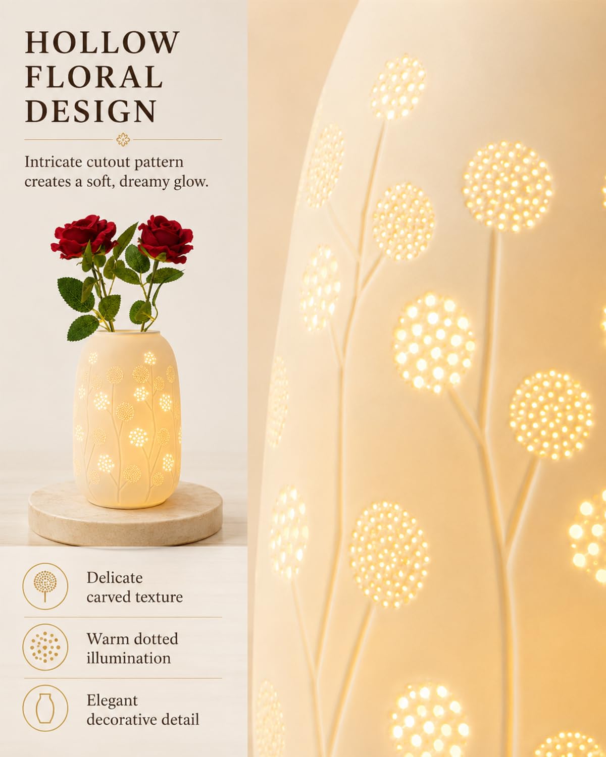 TACAHE Ceramic Vase Table Lamp, 2700K Bulb & 3 Artificial Flowers Included, E12 Socket, Inline Switch, Handmade Openwork Craft, Ambient Light for Living Room Bedroom - Dandelion 9"