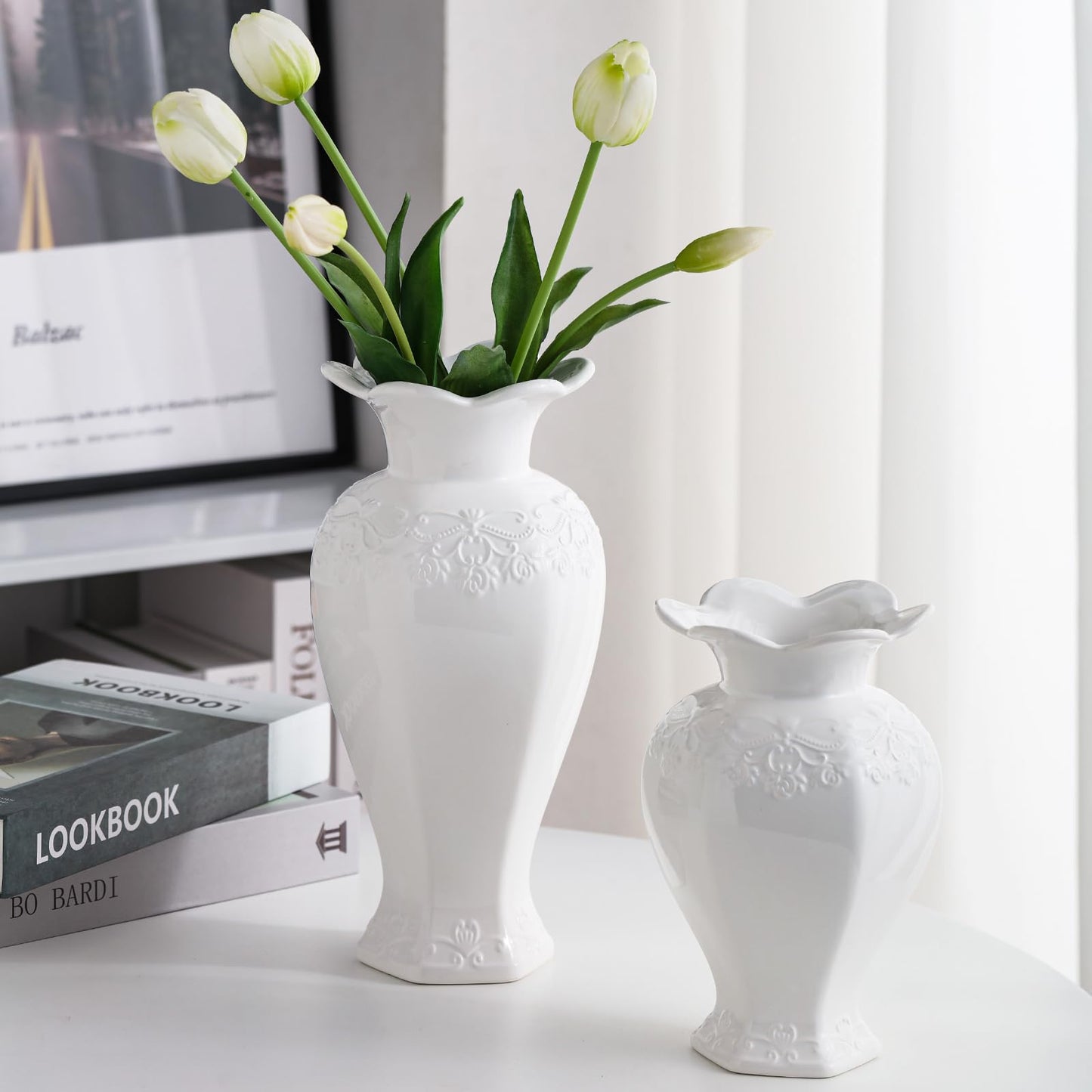 Seasonsplan Relievo Elegant White Cream 8in 11in Ceramic Flower Tall Aesthetic Beige Table Tulip Wide Mouth Rose Filler Decorative Rustic Vase Decor for Home (White Vase, L)
