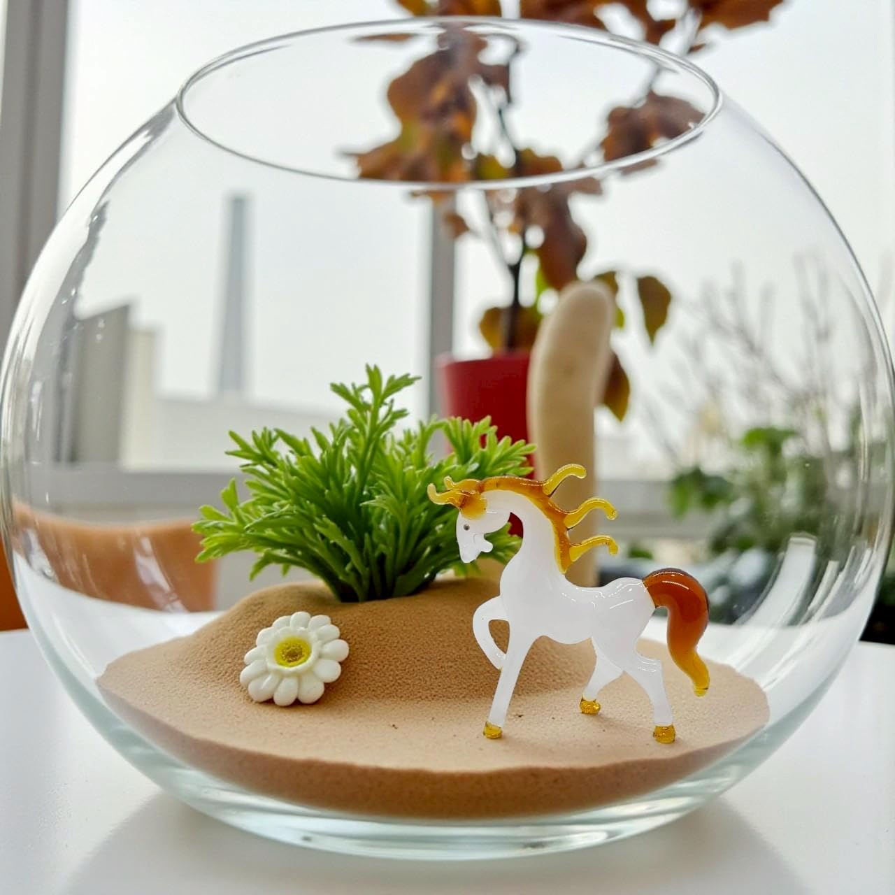 WitnyStore Tiny 1¾" High White Brown Walking Horse Figurine - Miniature Hand Blown Painted Glass Horses Stallion Mare Foal Pony Small Crystal Animals Decorative Collectible Figures Décor Gifts
