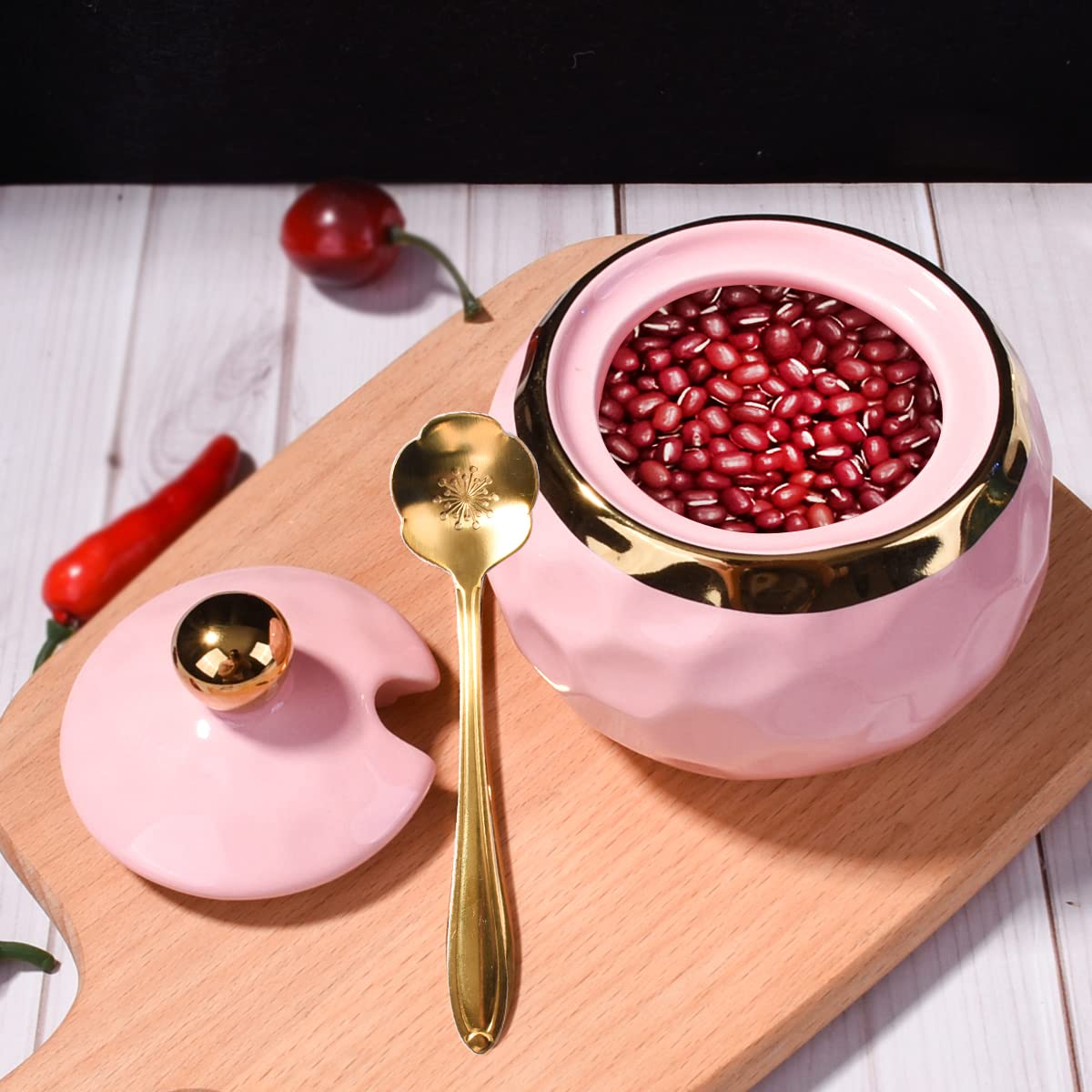 BOSILI 2-Piece Ceramic Sugar Bowl Set with Spoon and Lid, Hammered Condiment Jars for Countertop, Decorative Porcelain Salt and Spice Container Bundle For Sugar, Salt, Spices