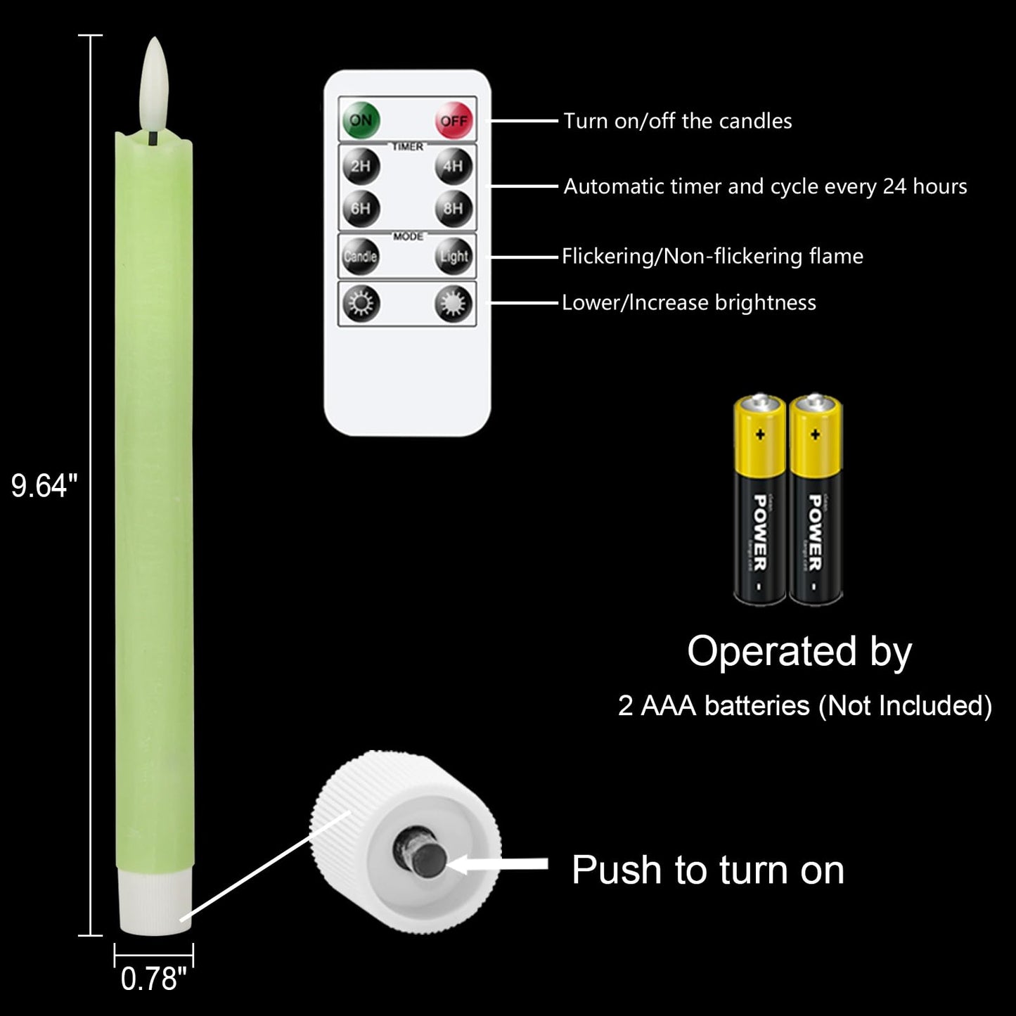 GenSwin Flameless Green Taper Candles Flickering with 10-Key Remote, Battery Operated Led Warm 3D Wick Light Window Candles Real Wax Pack of 6, Christmas Home Wedding Decor(0.78 X 9.64 Inch)