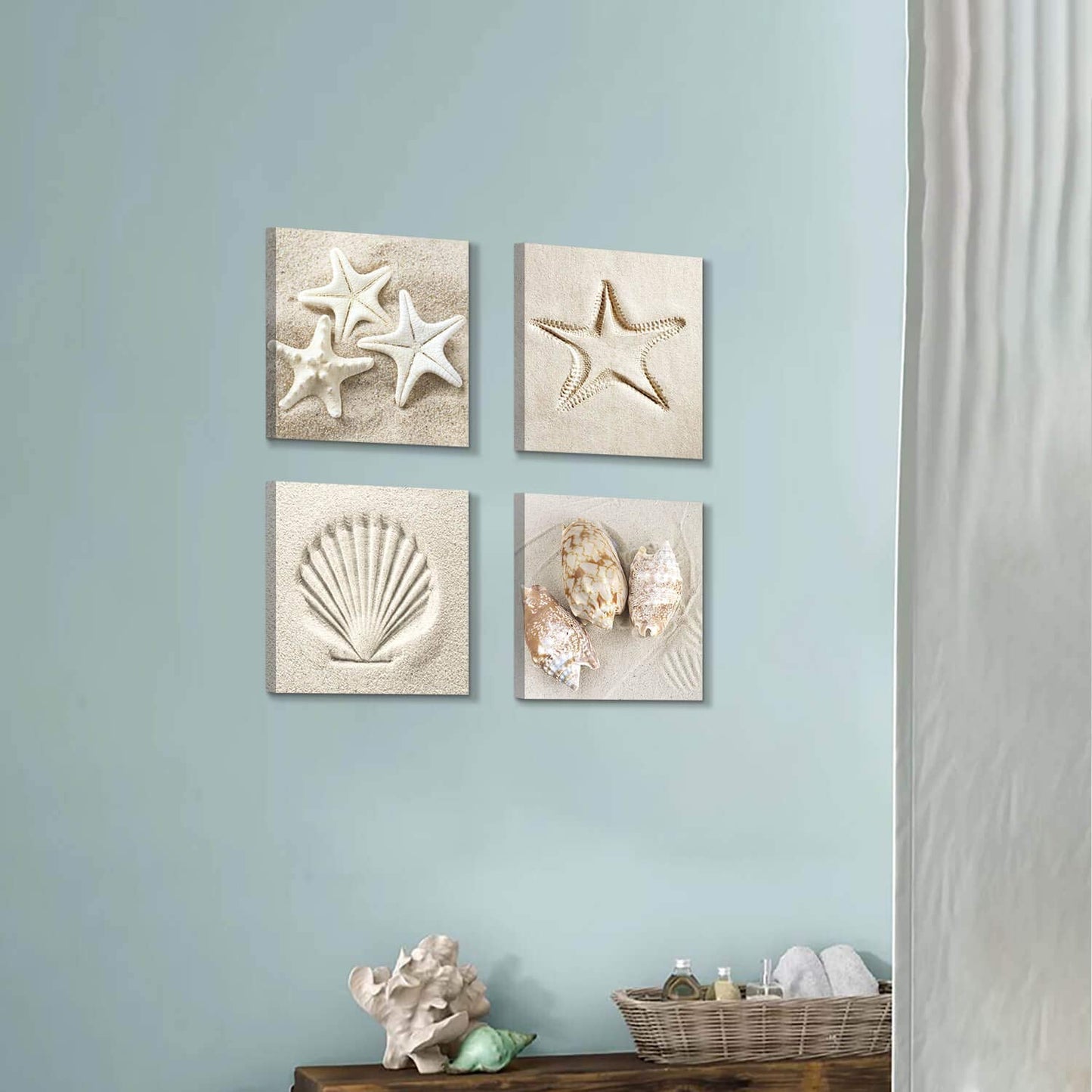 Hardy Gallery Coastal Serene Canvas Wall Art: Shells on Beach Sand Giclee Print Painting for Wall Decor for SPA Room (12''x12''x4pcs)
