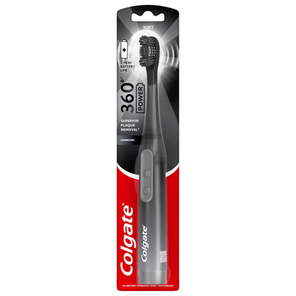 Colgate 360 Vibrate Charcoal Battery Operated Toothbrush Pack, Soft with 1 AAA Battery Included, Black, 2 Count